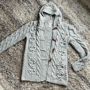 Vintage Cable Knit Cardigan With Knots Hooded One Size (Approx Med/Large) Gray